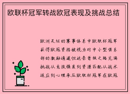 欧联杯冠军转战欧冠表现及挑战总结