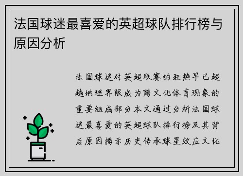 法国球迷最喜爱的英超球队排行榜与原因分析