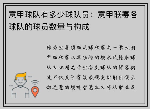 意甲球队有多少球队员：意甲联赛各球队的球员数量与构成